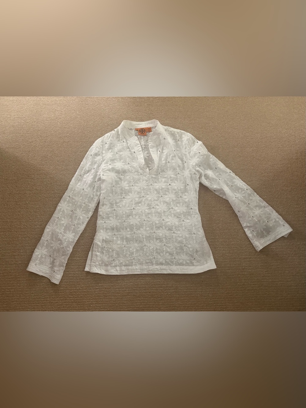 Tory Burch White Eyelet V-Neck Long-Sleeve Top